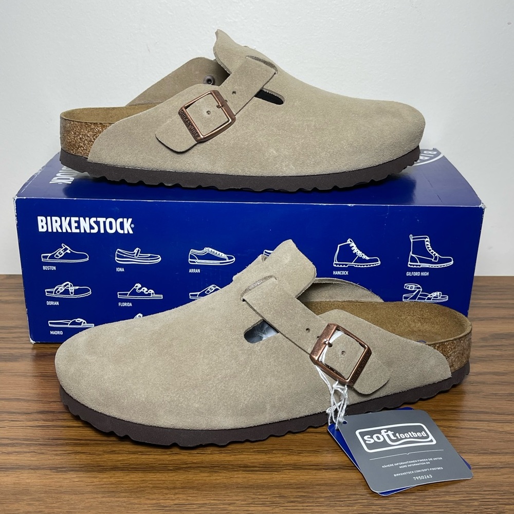 Birkenstock BOSTON Womens Taupe Suede Clogs Sz 39 / US 8 NARROW - NIB